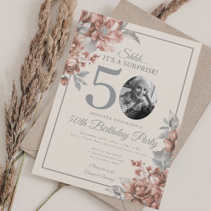 SURPRISE Photo 50th Birthday Rose Gold Floral Invitation