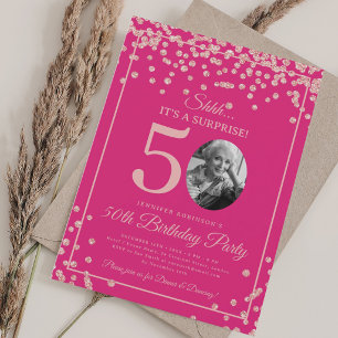 SURPRISE Photo 50th Birthday Rose Gold Hot Pink  Invitation