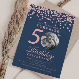 SURPRISE Photo 50th Birthday Rose Gold Navy Blue  Invitation