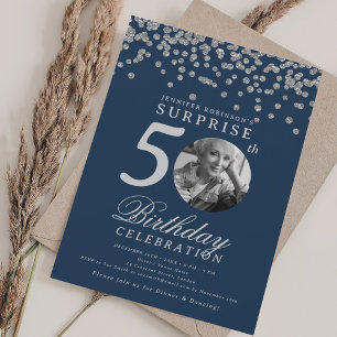 SURPRISE Photo 50th Birthday Silver Confetti Navy Invitation