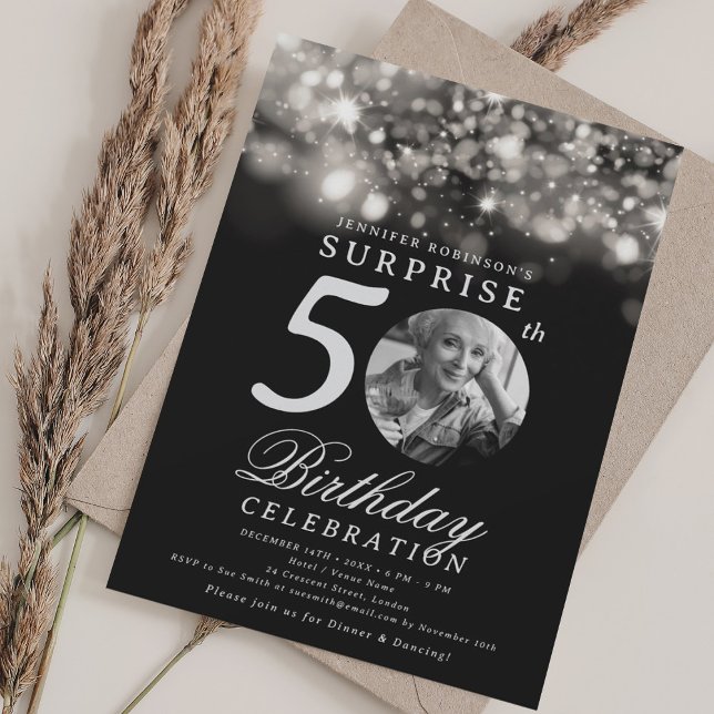 SURPRISE Photo 50th Birthday Silver Midnight  Invitation (SURPRISE Photo 50th Birthday Silver Midnight Invitation)