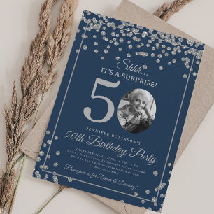 SURPRISE Photo 50th Birthday Silver Navy Blue Invitation