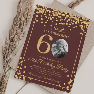 SURPRISE Photo 60 Birthday Gold Confetti Burgundy Invitation