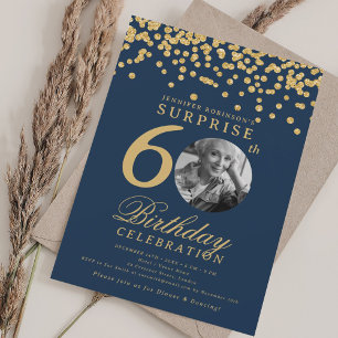 SURPRISE Photo 60 Birthday Gold Confetti Navy Blue Invitation