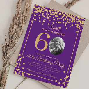 SURPRISE Photo 60 Birthday Gold Confetti Purple Invitation
