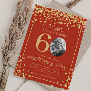 SURPRISE Photo 60 Birthday Gold Confetti Red Invitation