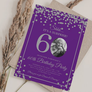 SURPRISE Photo 60 Birthday Silver Confetti Purple Invitation