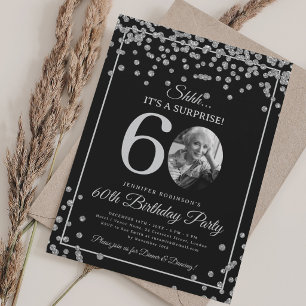 SURPRISE Photo 60 Birthday Silver Glitter Confetti Invitation