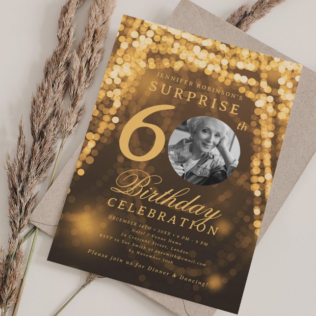 SURPRISE Photo 60th Birthday Gold Glam Lights Invitation (SURPRISE Photo 60th Birthday Gold Glam Lights Invitation)