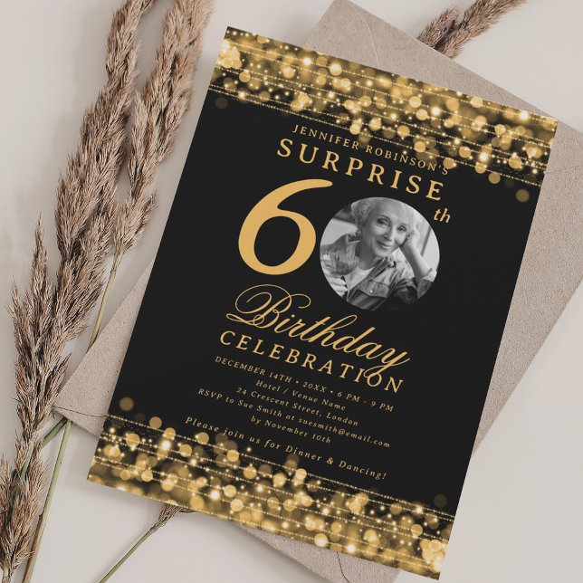 SURPRISE Photo 60th Birthday Party Gold Lights Invitation (SURPRISE Photo 60th Birthday Party Gold Lights Invitation)