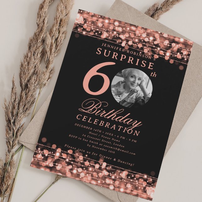 SURPRISE Photo 60th Birthday Rose Gold Lights Invitation (SURPRISE Photo 60th Birthday Rose Gold Lights Invitation)