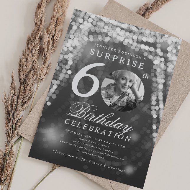 SURPRISE Photo 60th Birthday Silver Glam Lights Invitation (SURPRISE Photo 60th Birthday Silver Glam Lights Invitation)