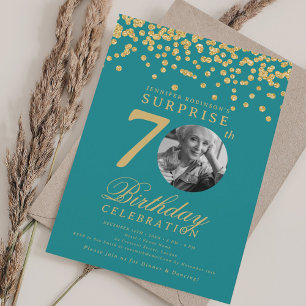 SURPRISE Photo 70 Birthday Gold Confetti Turquoise Invitation