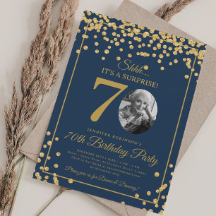 SURPRISE Photo 70 Birthday Gold Glitter Navy Blue Invitation