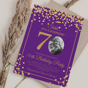 SURPRISE Photo 70 Birthday Gold Glitter Purple Invitation