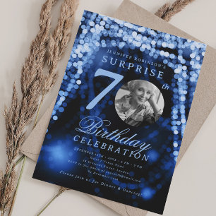 SURPRISE Photo 70th Birthday Blue Glam Lights  Invitation