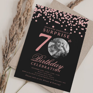 SURPRISE Photo 70th Birthday Rose Gold Black Invitation