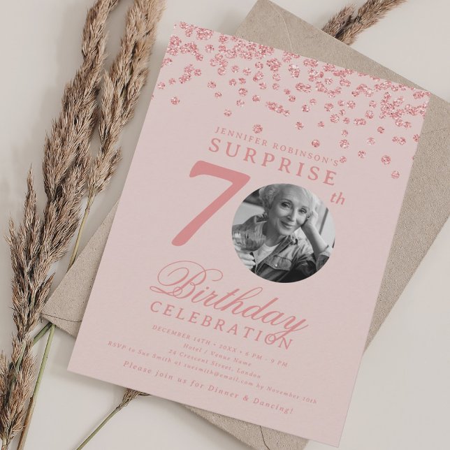 SURPRISE Photo 70th Birthday Rose Gold Blush Invitation (SURPRISE Photo 70th Birthday Rose Gold Blush Invitation)