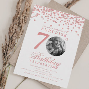 SURPRISE Photo 70th Birthday Rose Gold Confetti Invitation