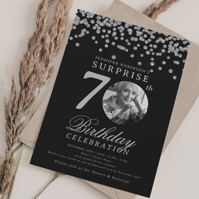 SURPRISE Photo 70th Birthday Silver Black  Invitation (SURPRISE Photo 70th Birthday Silver Black Invitation)