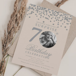 SURPRISE Photo 70th Birthday Silver Champagne  Invitation