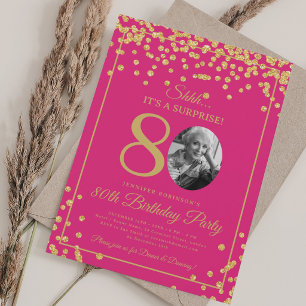 SURPRISE Photo 80 Birthday Gold Confetti Hot Pink Invitation