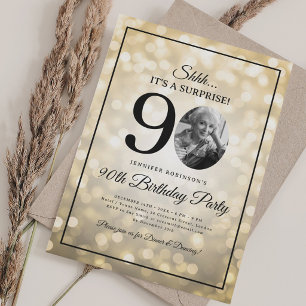 SURPRISE Photo 90th Birthday Gold Glam Lights Invitation