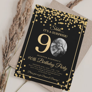 SURPRISE Photo 90th Birthday Gold Glitter Confetti Invitation
