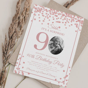 SURPRISE Photo 90th Birthday Rose Gold Confetti Invitation