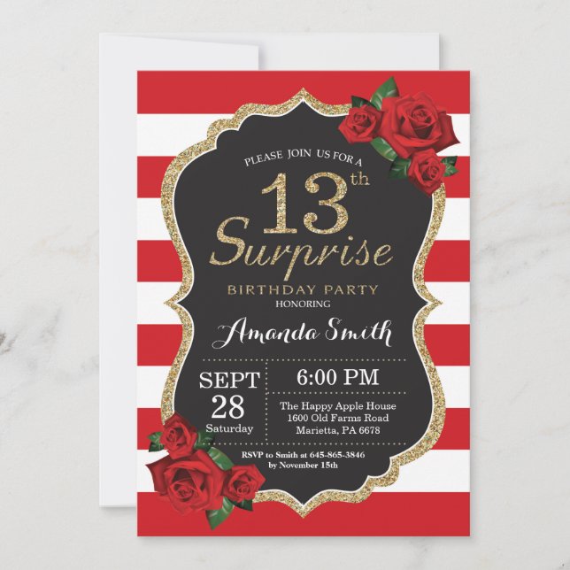 Surprise Red Rose 13th Birthday Invitation Gold (Front)