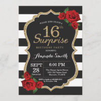 Surprise Red Rose 16th Birthday Invitation Gold