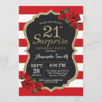 Surprise Red Rose 21st Birthday Invitation Gold