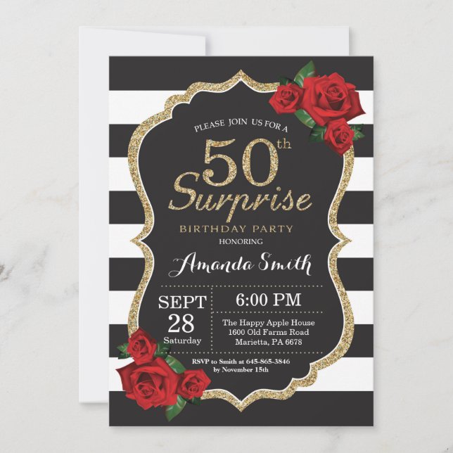 Surprise Red Rose 50th Birthday Invitation Gold (Front)