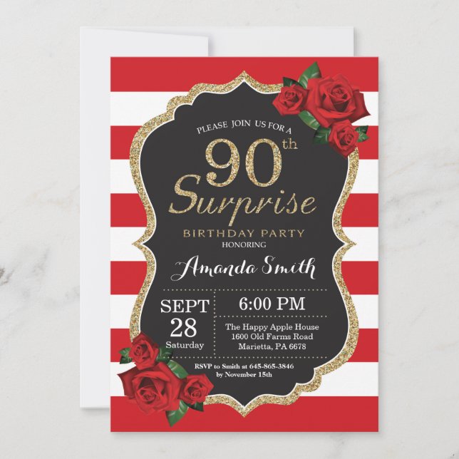 Surprise Red Rose 90th Birthday Invitation Gold (Front)