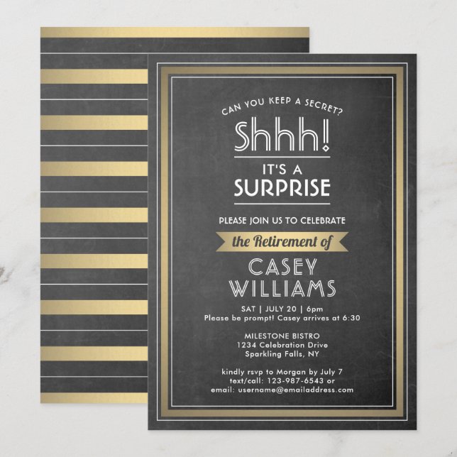 Surprise Retirement Party Black Chalkboard & Gold Invitation (Front/Back)