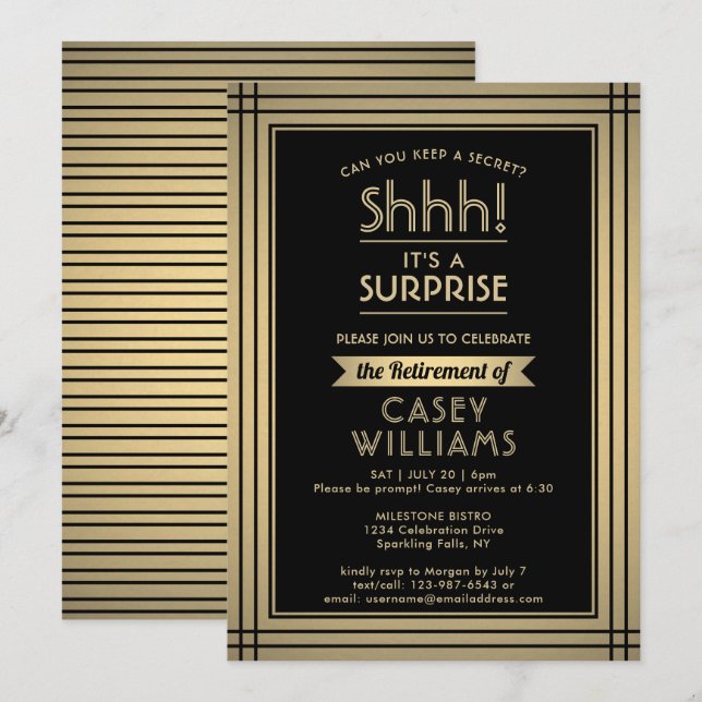 Surprise Retirement Party Elegant Black and Gold Invitation (Front/Back)
