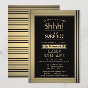 Surprise Retirement Party Elegant Black and Gold Invitation