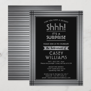 Surprise Retirement Party Elegant Black Silver Invitation