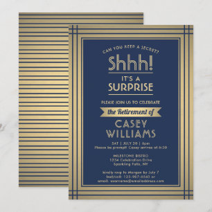 Surprise Retirement Party Elegant Navy Blue Gold Invitation