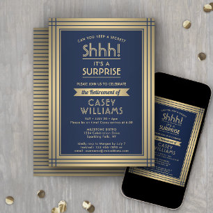 Surprise Retirement Party Elegant Navy Blue & Gold Invitation
