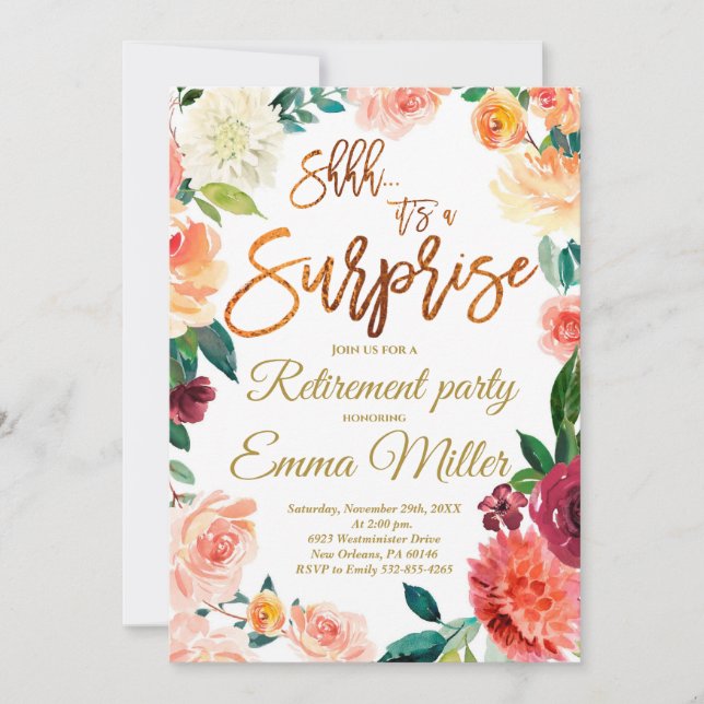 Surprise Retirement Party, Floral Retirement Invitation (Front)