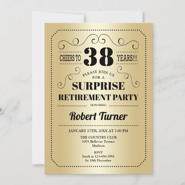 Surprise Retirement Party - Gold Black Invitation (Front)