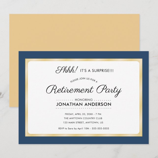Surprise Retirement Party Horizontal Blue & Gold Invitation (Front/Back)