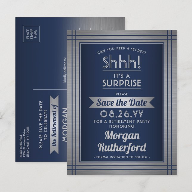 Surprise Retirement Party Navy Blue Save the Date Announcement Postcard (Front/Back)