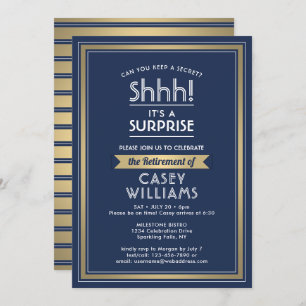 Surprise Retirement Party Navy Blue White Gold Invitation