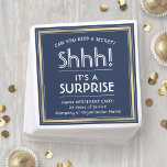 Surprise Retirement Party Navy Blue, White & Gold Napkin<br><div class="desc">Add an elegant touch to surprise retirement party decorations with custom navy blue, white and gold paper napkins. All wording is simple to personalize, including quote that reads "Can you keep a secret? Shhh! It's a SURPRISE". The design features a stylish faux foil round border and modern typography personalized message...</div>