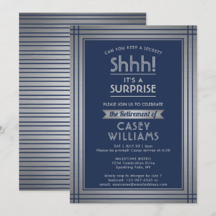 Surprise Retirement Party Shhh! Elegant Navy Blue Invitation