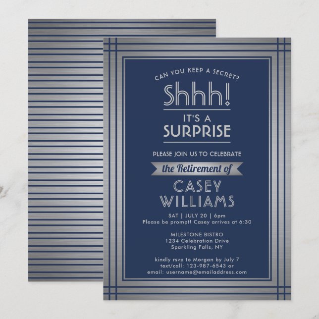 Surprise Retirement Party Shhh! Elegant Navy Blue Invitation (Front/Back)