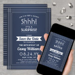 Surprise Retirement Party Shhh! Navy Blue & White Save The Date<br><div class="desc">Can you keep a secret? Invite colleagues, coworkers, family and friends to an elegant and exciting surprise retirement celebration with custom navy blue and white save the date party invitations. All wording on this template is simple to personalize, including message that reads "Shhh! It's a SURPRISE." The design features a...</div>
