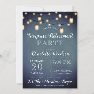 Surprise Retirement Party String Lights Blue Invitation